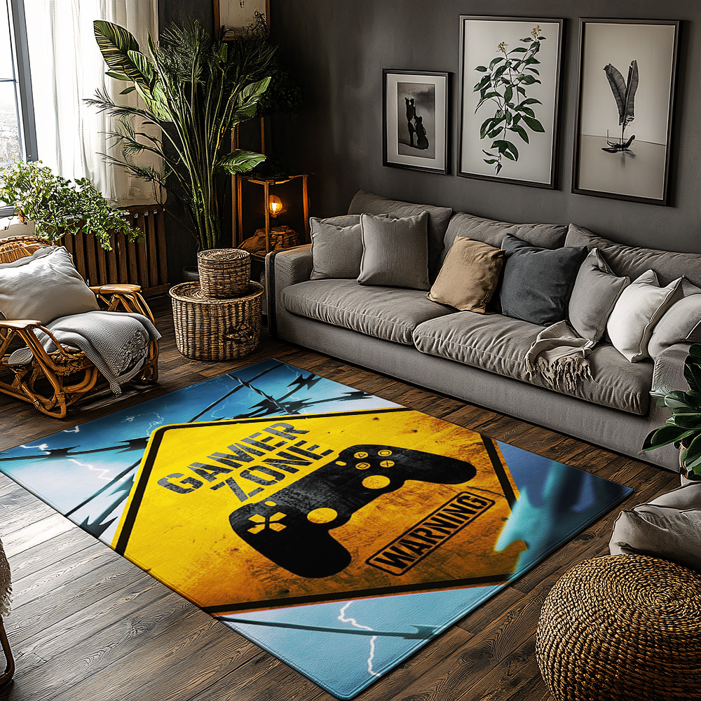 Home Textiles Design - Gamer Zone Warning Rug, Yellow Black
